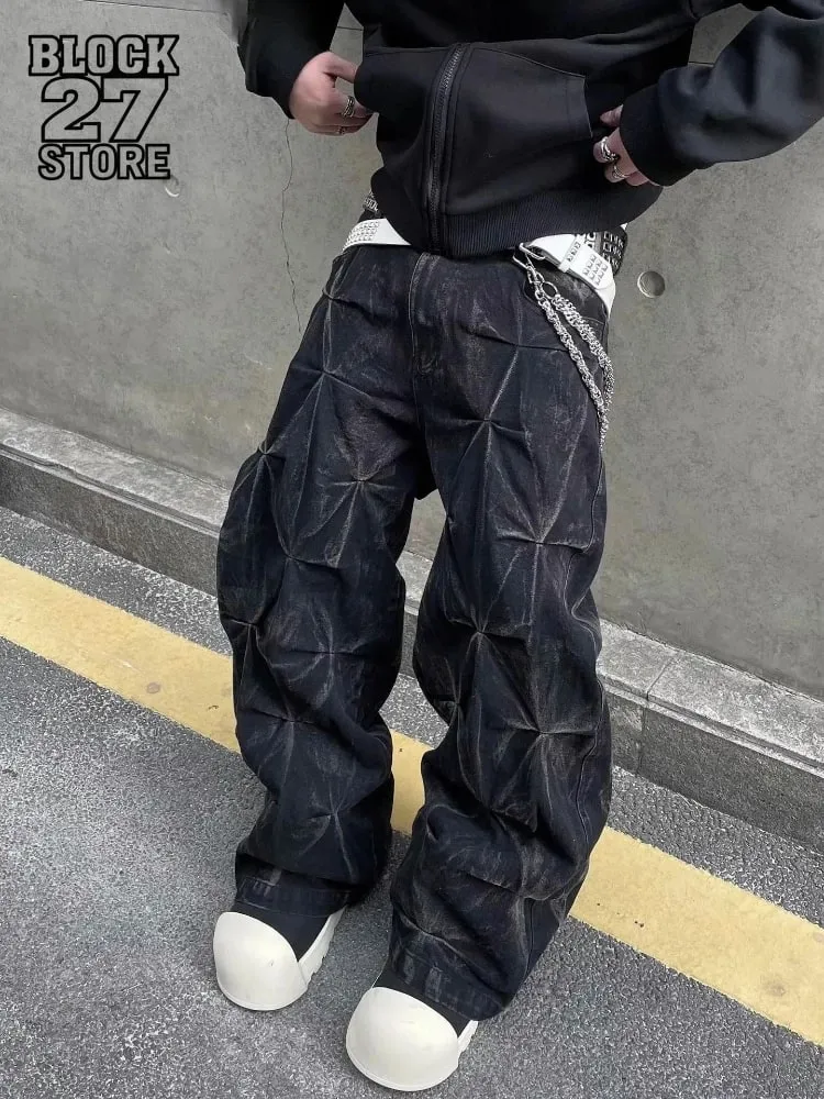 Mens Jeans Harajuku Y2K Streetwear Black Pleated Baggy Denim Pants High Street Hip Hop Wide Leg Loose Fit Casual Fashion Trend — image 2