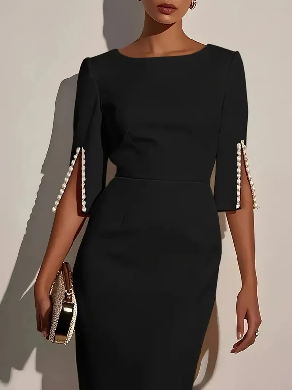 Robe mi-longue crayon de couleur unie pour femme - Ornée de perles demi-manches col rond tenue de bureau élégante