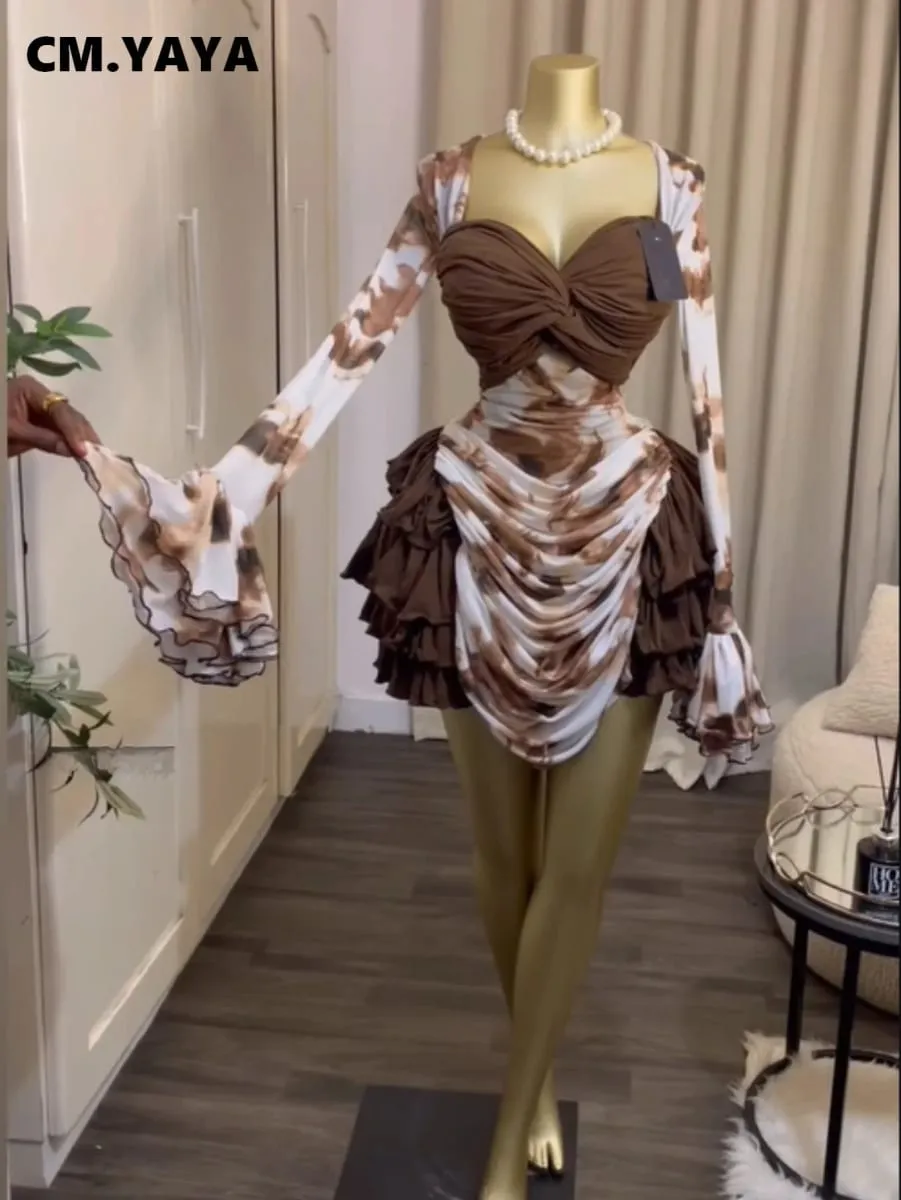 CM.YAYA Kobiety Tie Dye Print Kaskadowe falbany Bell Z długim rękawem Bodycon Ruched Drapowana sukienka z dekoltem w kształcie litery V Wakacje Plaża Sukienki wakacyjne