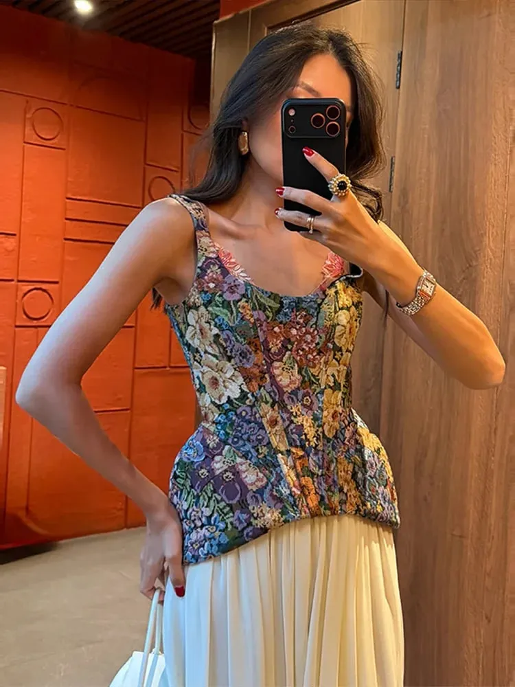 Elegant and Sexy Retro Printed Camisole Tight Corset Women's Backless Zipper Sleeveless Slim Fit High Street Party Vacation Top — image 2