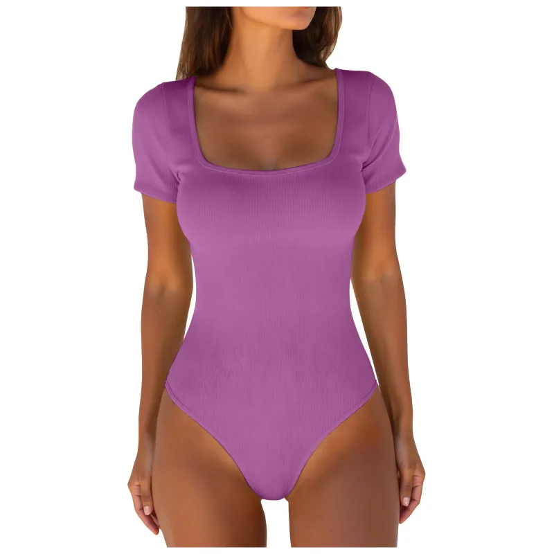 Sexy Bodysuits One-Piece Ribbed Square Neck Short Sleeve Bodysuits Women's Tummy Control Knitted Bottoming Tops Body Shaper — image 7