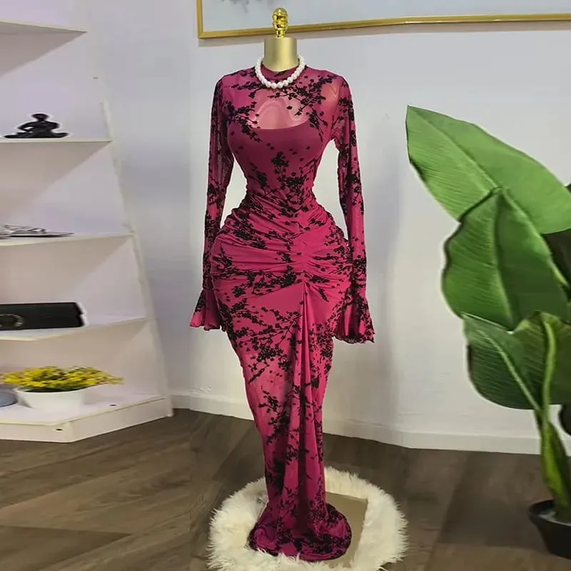 CM.YAYA 2025 Women Long Sleeve Ruched Mesh See Though with Lining Bodycon Long Dress Fall Evening Birthday Sexy Party Dresses
