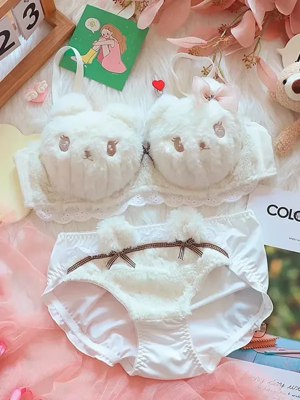 Cute Cat Paw Plush Lingerie Set for Women Warm Winter Bra & Panty with Ears Comfortable Kawaii Underwear — image 24