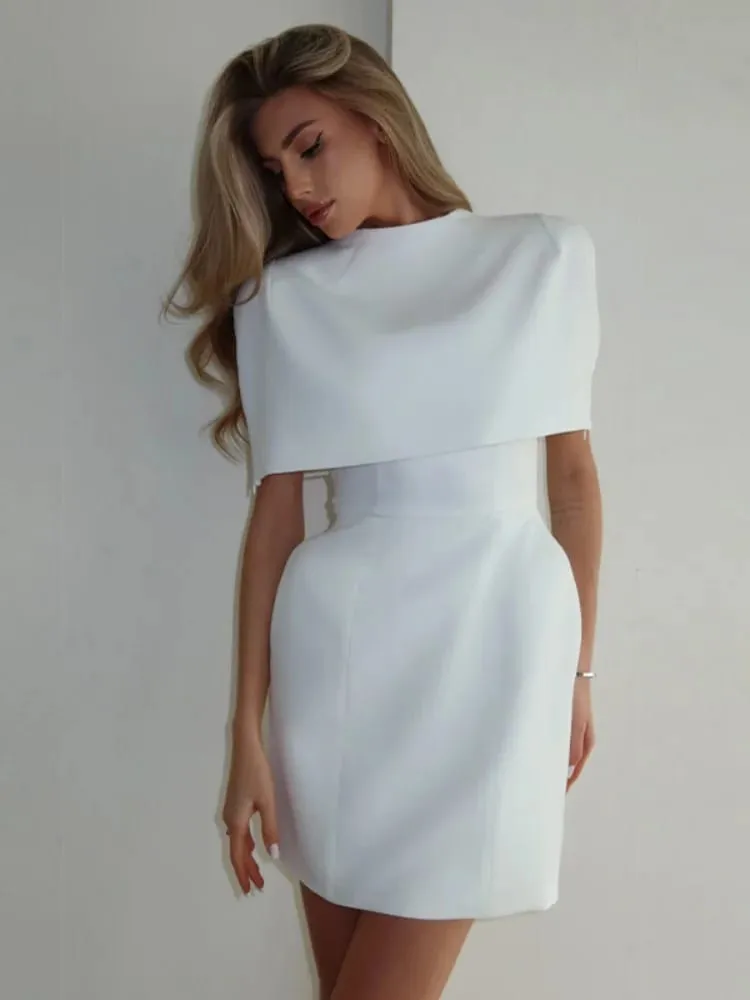 Solid Shawl A-line Dress Women Elegant Round Neck Waist Cinching Slim Short Mini Dresses 2026 Lady Daily Party Evening Vestido — image 7