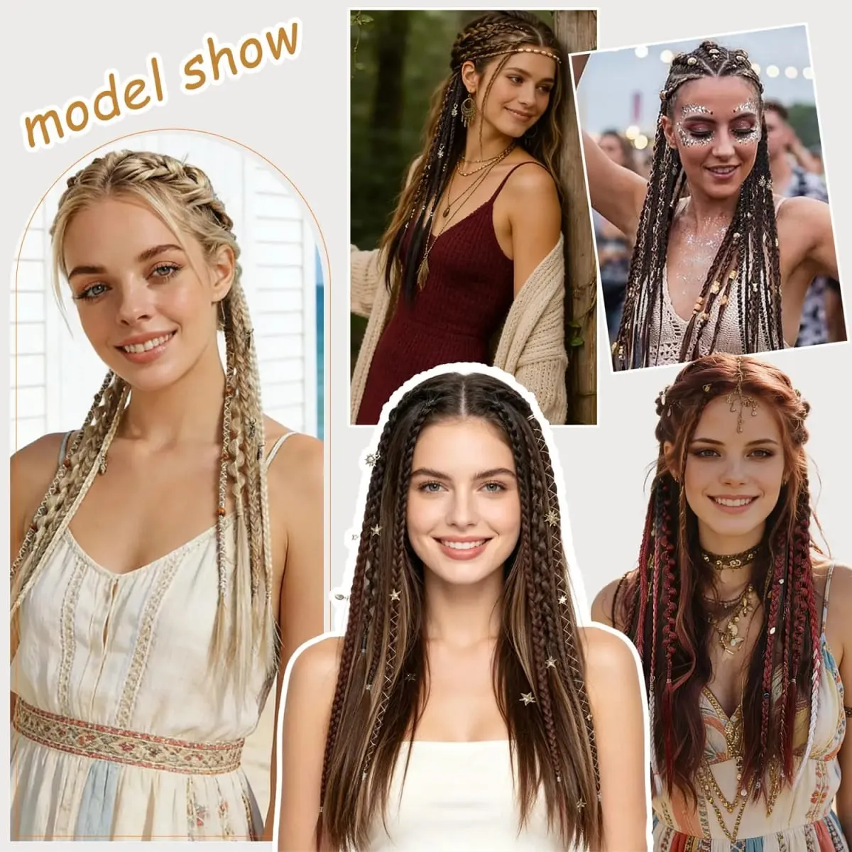 2Pcs Clip in Braided Hair Extensions for Women 16/20 Inch Handmade Synthetic Boho Clip in Braid Hairpieces with Beads & Charms — image 8