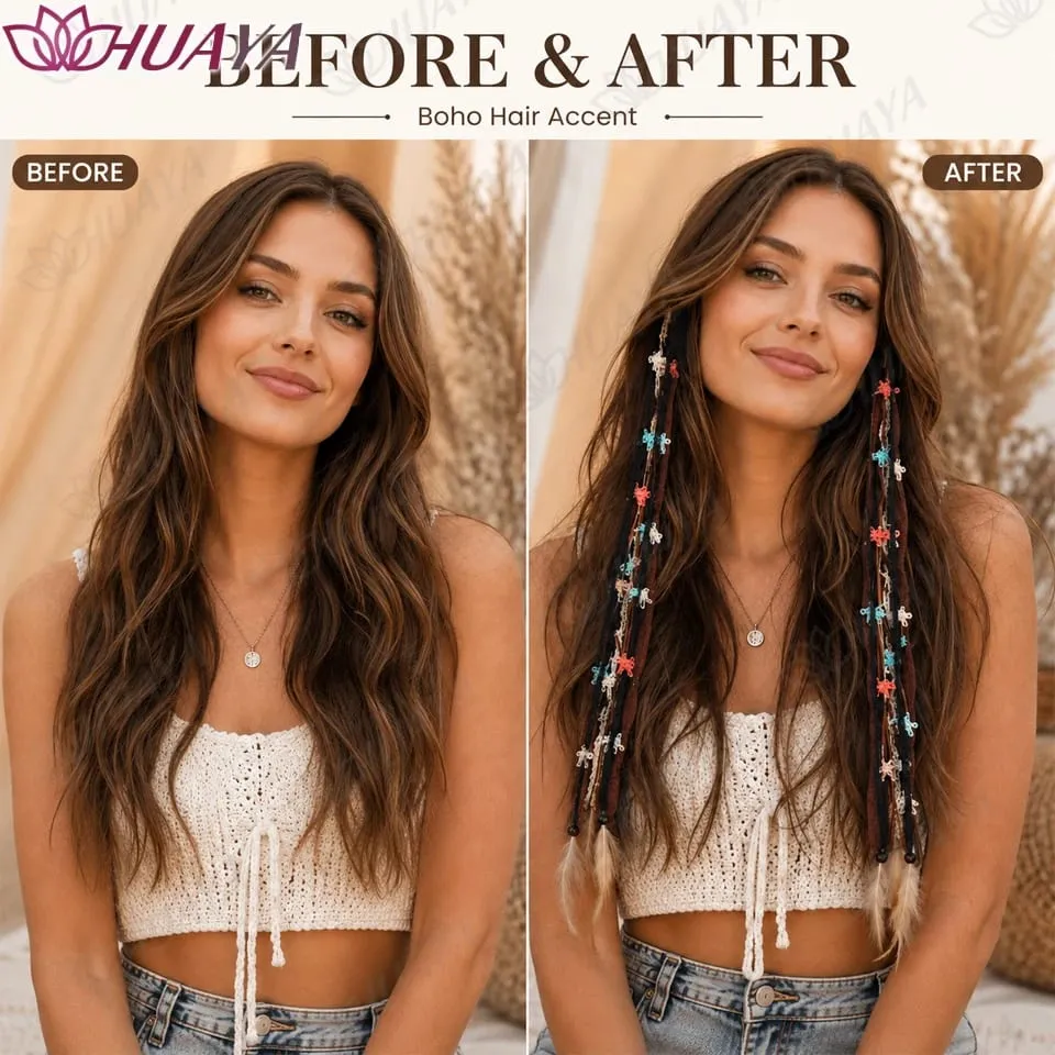 Boho Clip In Synthetic Fiber Hair Extensions Feather Beads Yarn Braids Hair Accessories Festival Hair Pieces for Women — image 6