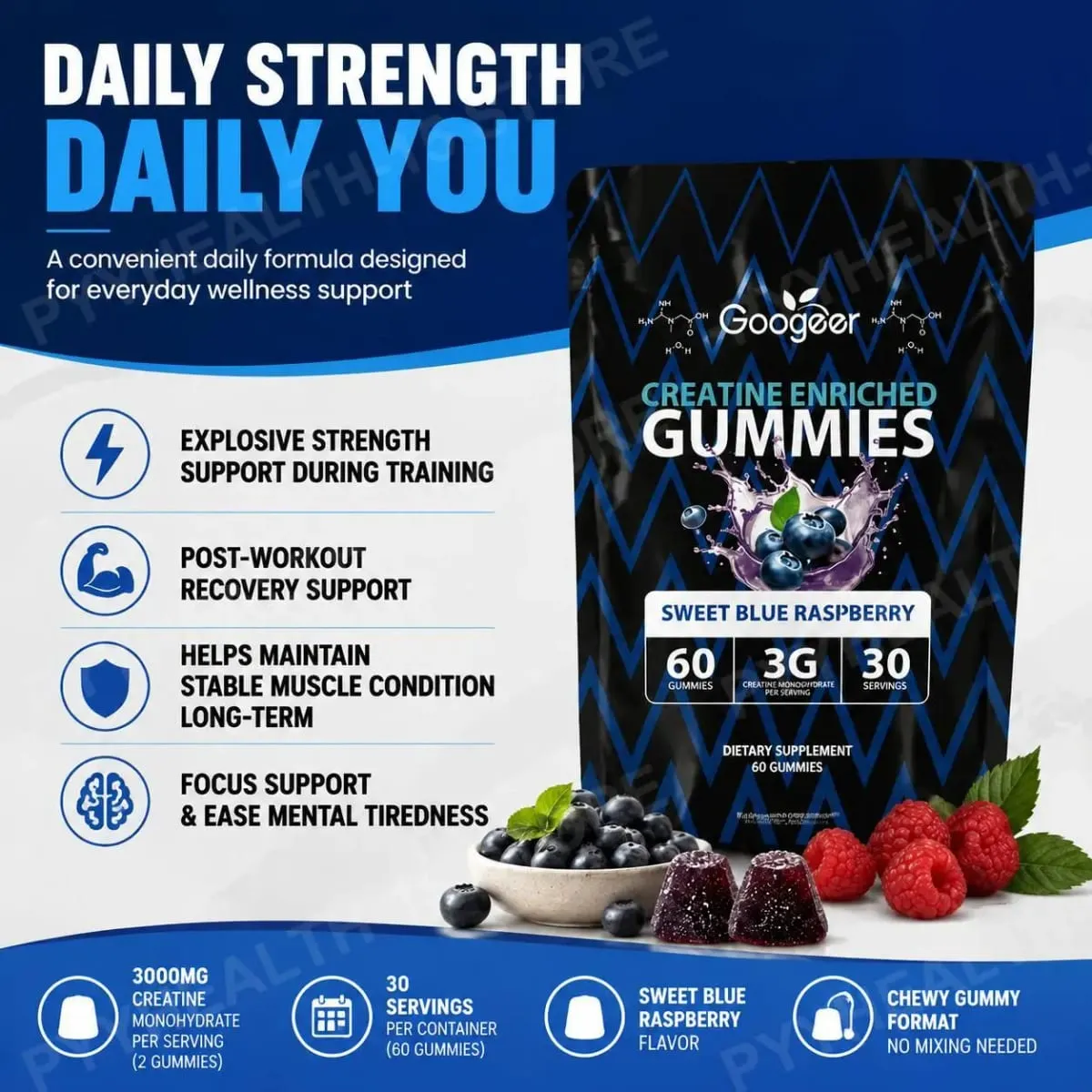 Creatine Monohydrate Gummies for Strength Support During Training Post-Workout Recovery Support Blue Raspberry 60 Gummies