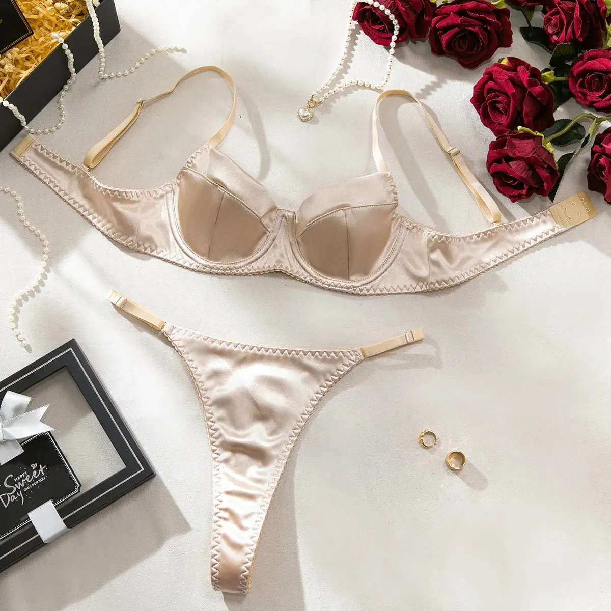 Women Underwear 2 Pcs Sexy Bra Set Underwire Push Up Satin Patchwork Bras and Thongs Suits Attractive Bilizna Intimate Set — image 10