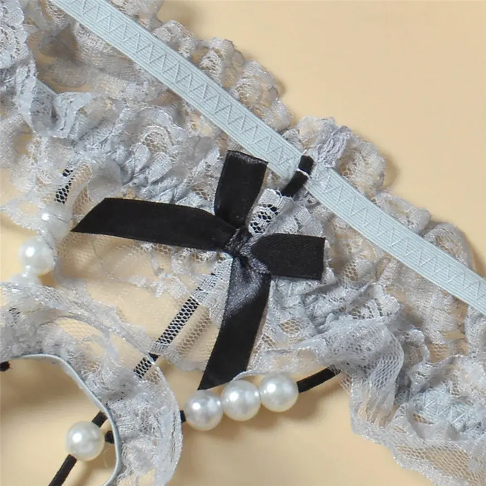 Men Lace T-Back Underwear Bow Elastic Waist G-String Pearl Lingeries For Man Sissy Panties Sexy Accessories Thongs Men's Panties — image 12