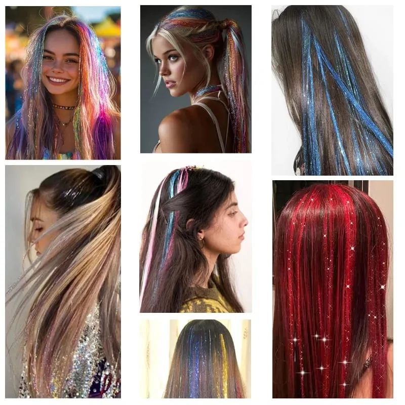 2PCS Synthetic Hair Tinsel Clip in Extensions Colored Sparkle Hair Tinsel Kit with BB Clip for Kids Girls Christmas Party Use — image 7