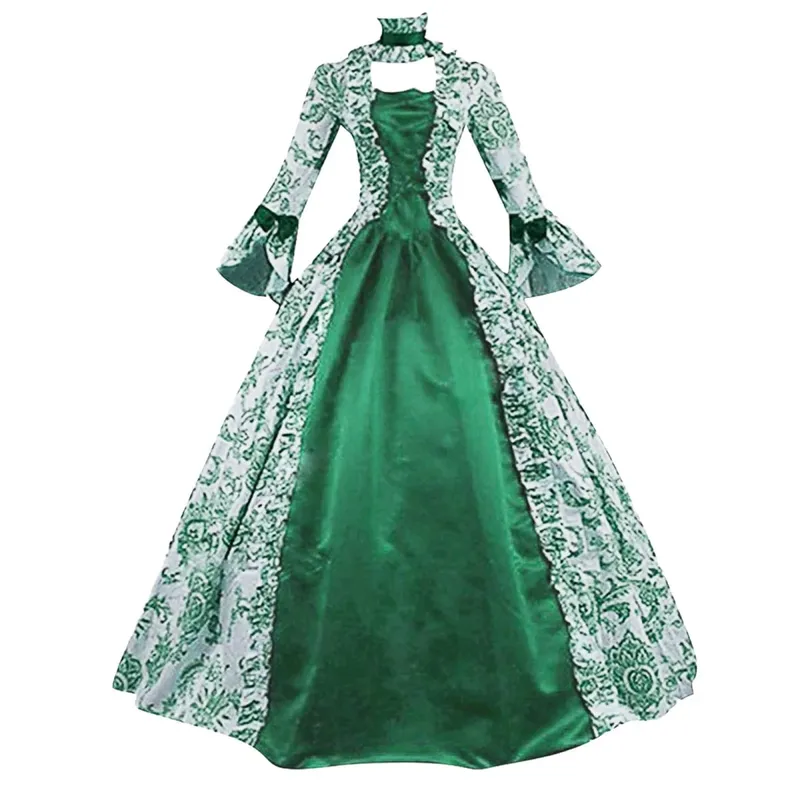 Robe longue à lacets pour femmes, tenue médiévale, à volants, avec nœud, Vintage, carnaval victorien, Maxi, taille haute, motif Floral, féerique