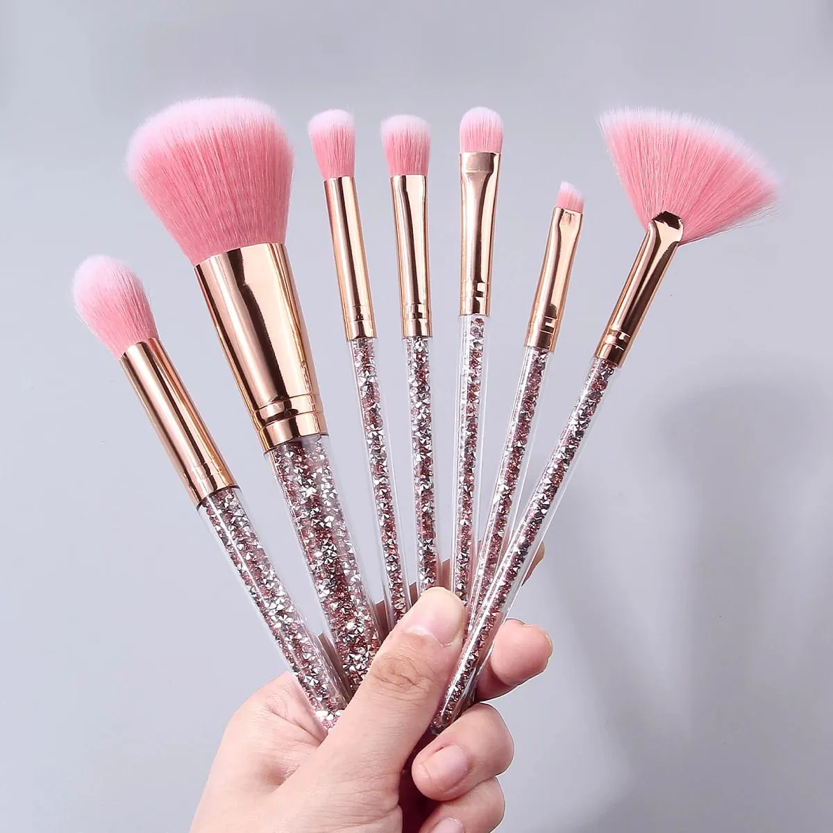 7PCS Pink Crystal Makeup Brushes Set Rose Gold Handle for Foundation Eyeshadow Blush