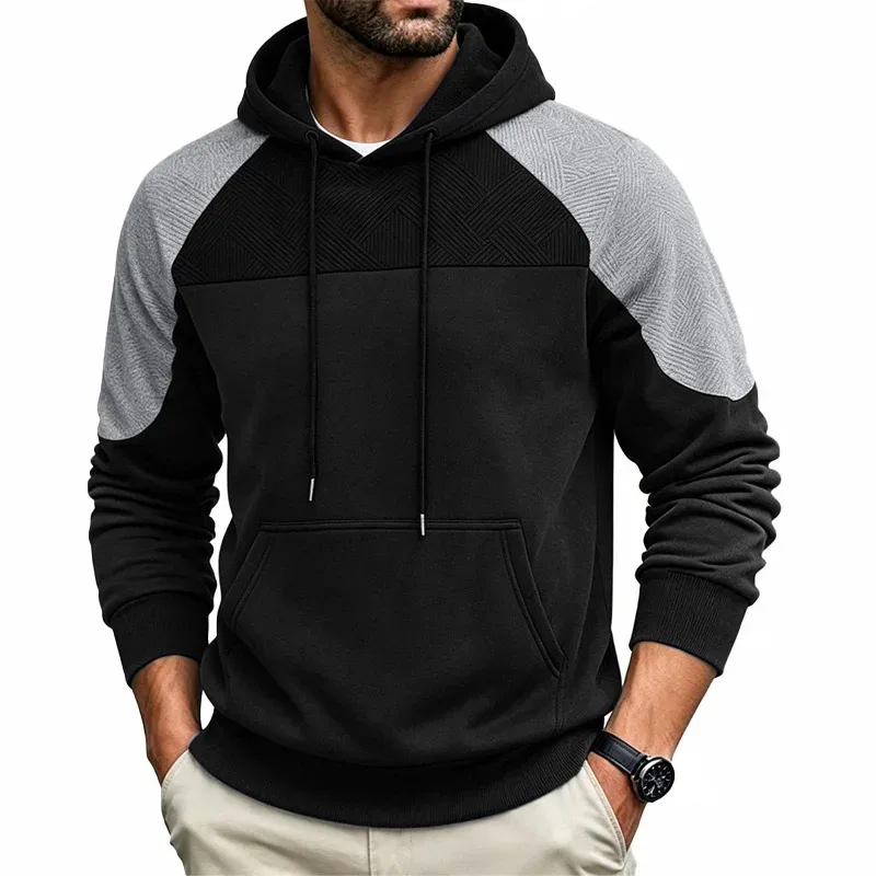 Autumn Winter Men Color Block Raglan Hoodie Textured Chest Panel Drawstring Kangaroo Pocket Loose Casual Streetwear Sweatshirt