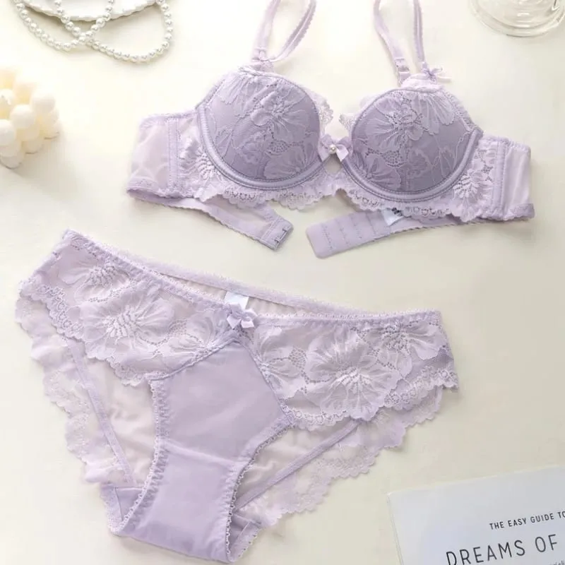 French Thin Cup Women Underwear Set Sexy Lace Flowers Embroidery Bra Summer Violet Comfort Push Up Bra and Panties Lingerie Sets — image 8