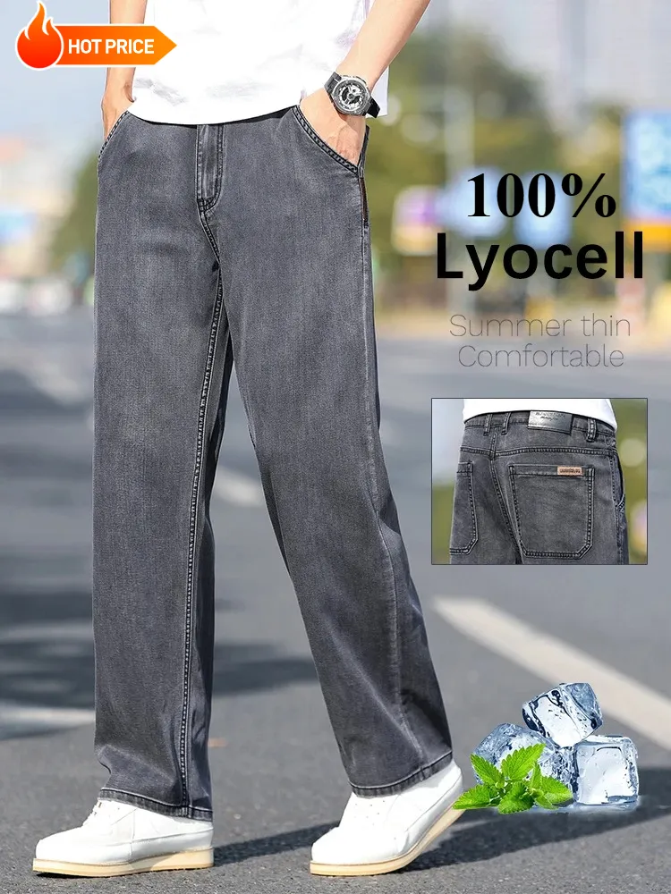 Loose Wide-leg Men's Thin Jeans Lyocell Soft Drape Fabric Comfort Trousers Spring Summer Fashion Brand Washing Denim Pants — image 2
