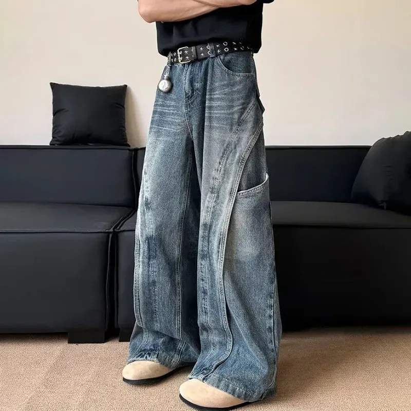 Korean Version Men'S Curved Knife Jeans With Loose Retro Design Straight Leg Pants Casual Large Pocket Wide Leg Pants — image 3
