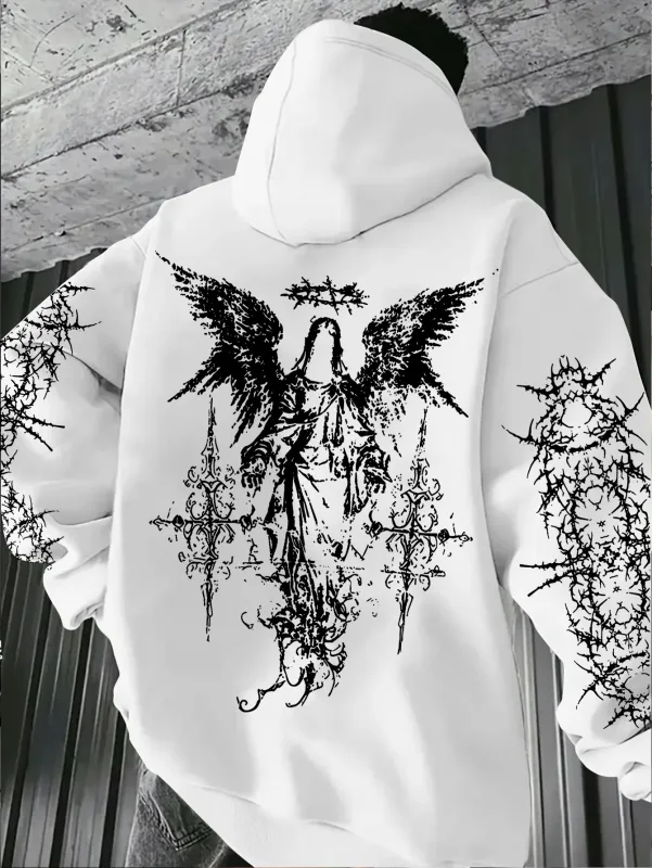 Men's Angel-themed graffiti thorn print streetwear hip-hop punk style hooded sweatshirt regular fit version sweatshirt hoodie — image 2