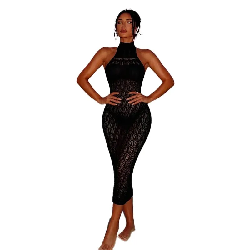 Women Bodycon Dress Without Underwear Hollow Out Beachwear Sheer Mesh Fishnet See Through Music festival Swimsuit — image 4