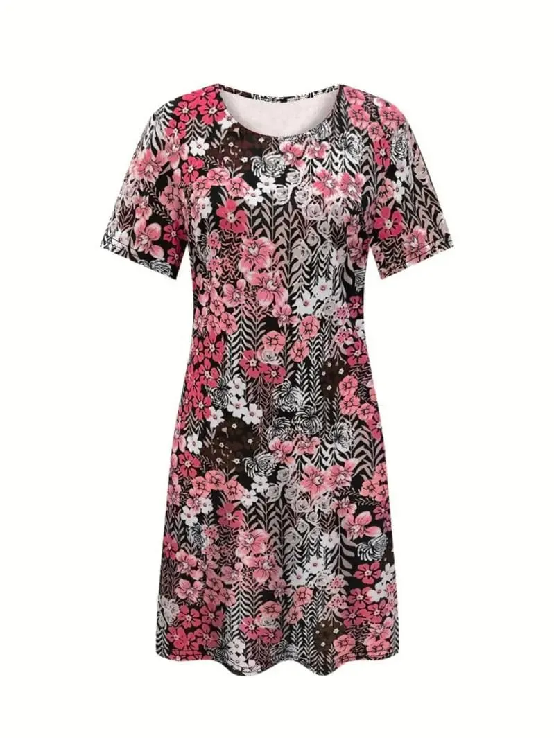 Fashionable Floral Dress Temperament round Neck Short Sleeve Loose Fit Women's Casual Dresses — image 5