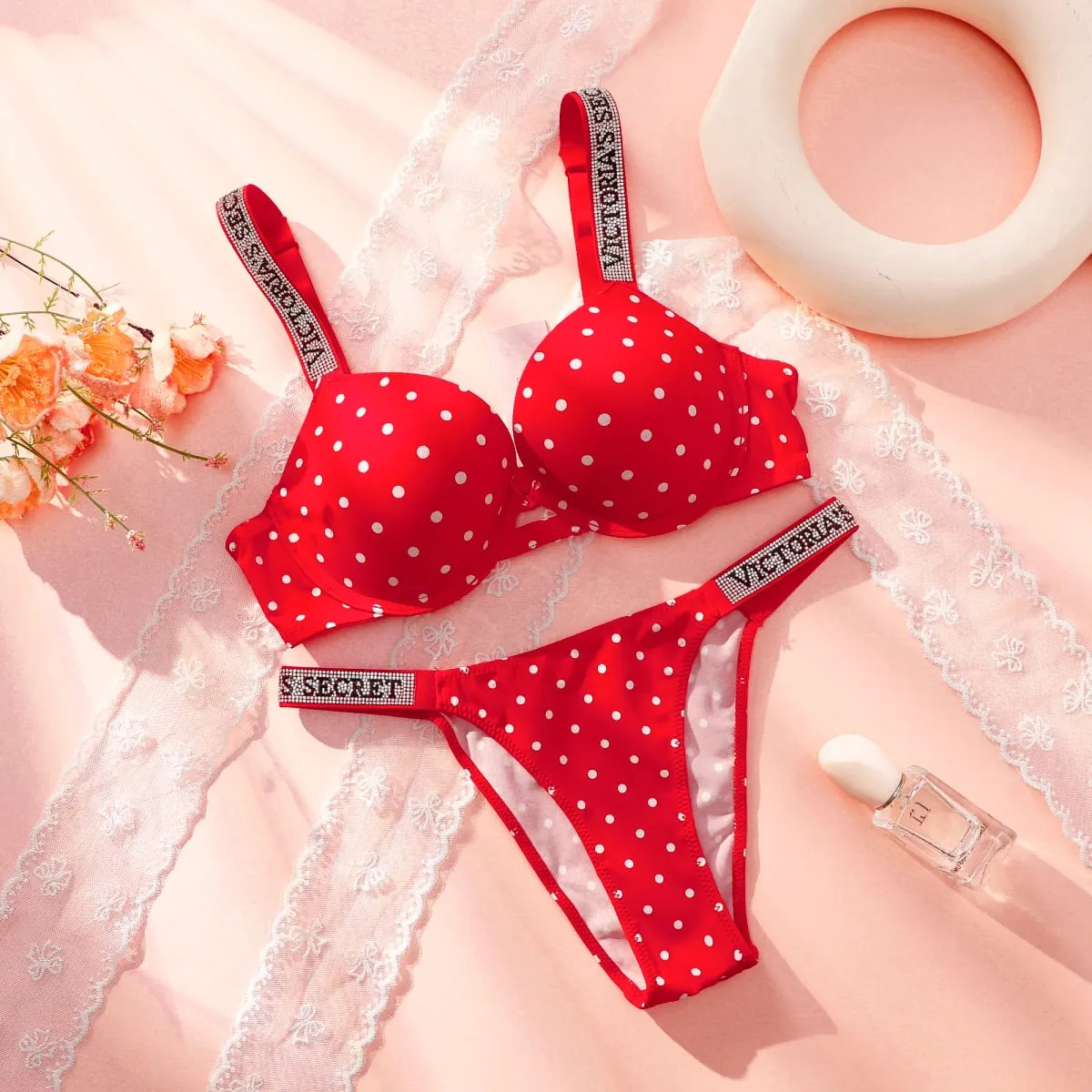 Victoria Secret Sexy Lingerie Sleepwear Plus Size Comfortable Luxury New Women Polka Dot Lace Push Up Bra And Panty Set — image 4