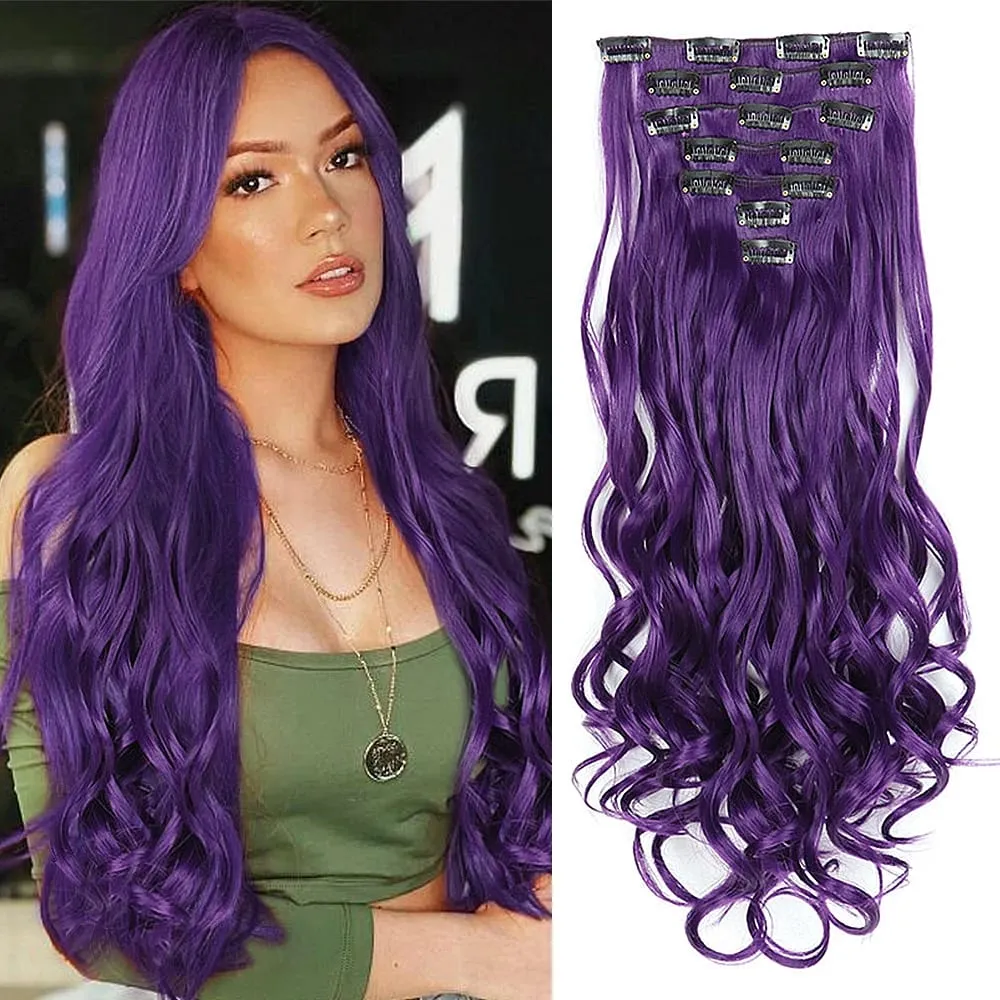 Synthetic Clip in Hair Extensions Purple hairpieces 7pcs/set 22inch Thick Hair for Women Girls Daily Party Cosplay — image 2