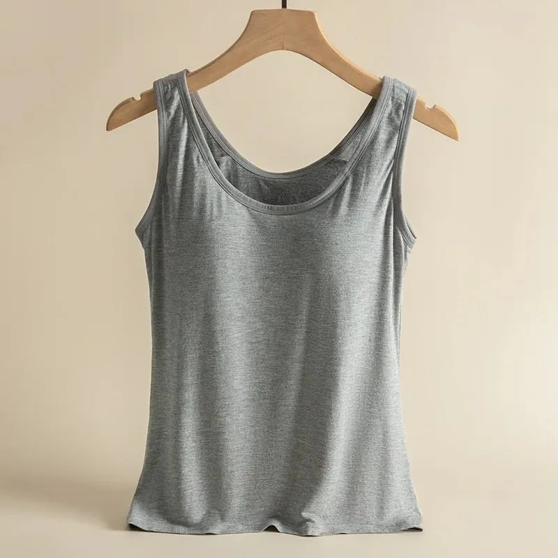 1pcs Women's Vest Tops Round Neck Vests Solid Color Padded Slim Fit Tank Tops Sexy Feminino Casual Tank Tops With Built In Bras — image 10