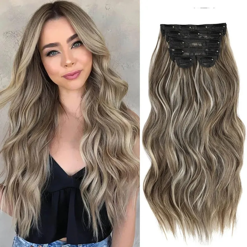 20 Inch Synthetic Long Wavy Hair Extensions Clip-in 6 Pieces Set Black Brown Blond Hairpieces for Volume And Length