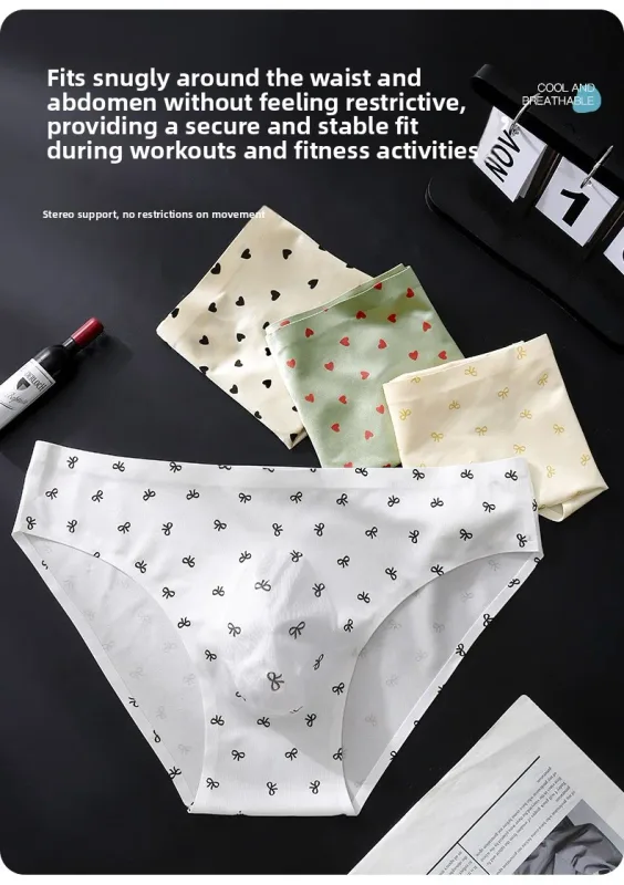 Male Seamless Ice Silk Briefs Cute Heart Bowknot Print 3D Molded Pouch Low Rise Soft Breathable Men Underpants — image 9