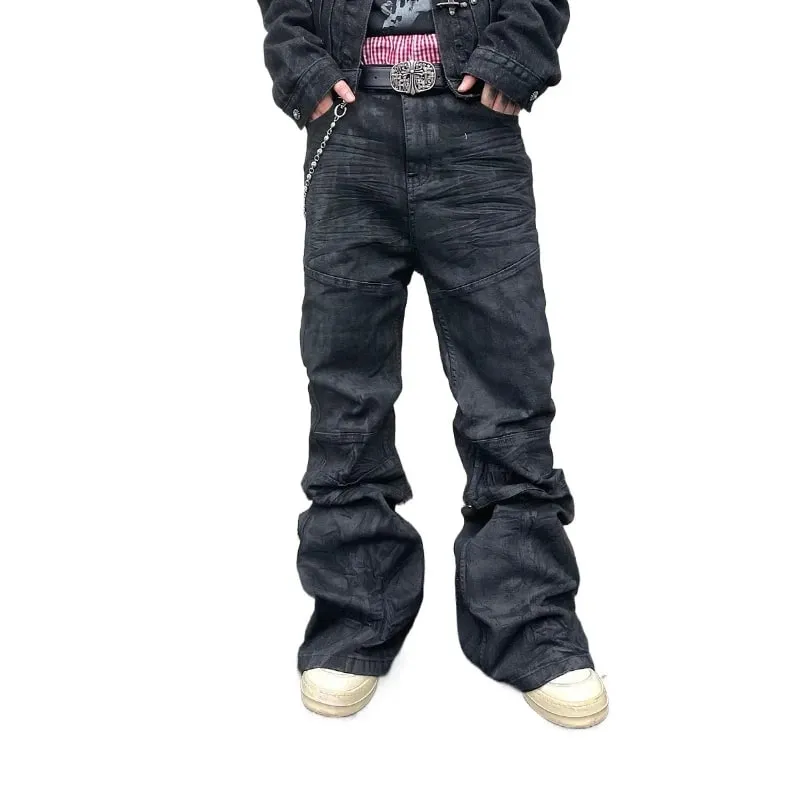 Denim Pant Men Stacked Jeans Vintage Pants Spliced Full Length Mid Waist Washed Straight Trousers Y2k High Street Casual Spring — image 2