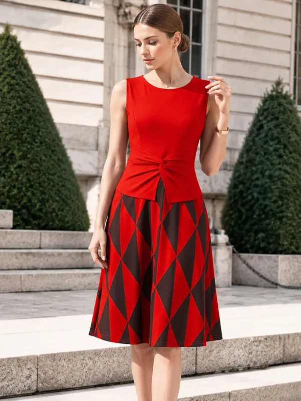 Womens Summer Twist Crew Neck Sleeveless Peplum Polka Dot Patchwork Casual Elegant Fit And Flare Party ALine Swing Dress — image 10