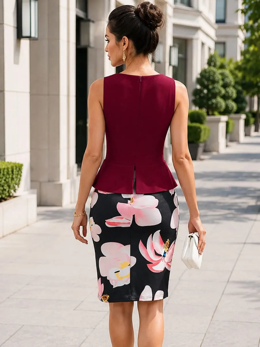 Women Elegant Sleeveless O-Neck Summer Cocktail Knee Length Outfit Floral Print Business Casual Pencil Bodycon Dress — image 3