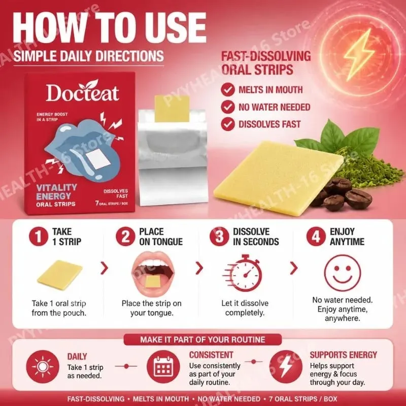 Docteat Energy Support Oral Strips with Caffeine L-Theanine Vitamin B3 B6 B12 Fast Dissolving Daily Nutrition Supplement 7 Count