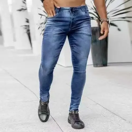 Men High Waist Skinny Jeans Stretch Pencil Pants Solid Color Ins Trendy Street Slim Fit Denim Trousers Male Casual Pants — image 12