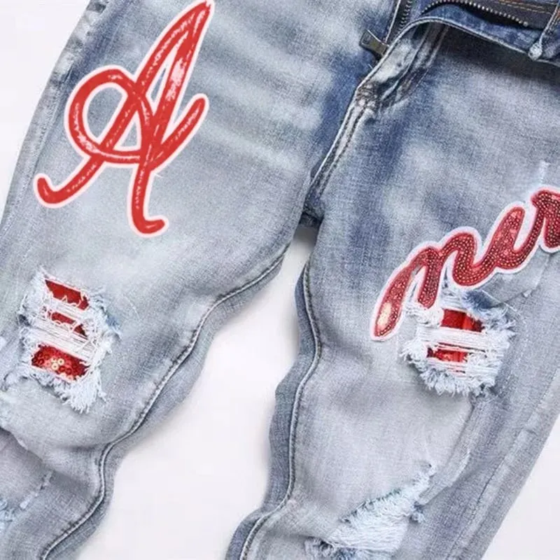 Men's Hip-Hop Style Distressed Holes Jeans Wash Ripped Pants with Red Embroidered Patches Casual Trendy Streetwear Trousers — image 5