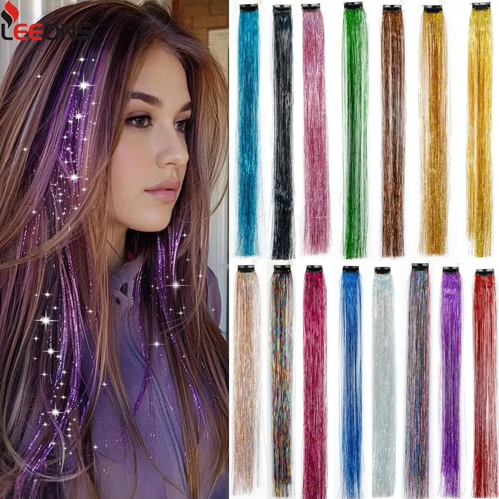 Straight Rainbow Colored Party Highlights Clip On In Hair Extensions Bling Hair Piece Synthetic Hairpieces Sparkling Tinsel Red — image 2