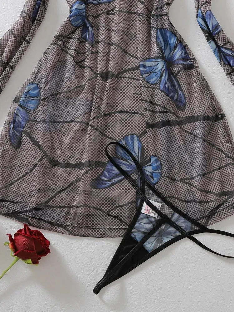 Women 2Pcs Butterfly Ornament Perspective Long Sleeve O Neck Slim Bodycon Dress Sexy Outfit With Matching Thong For Nightwear