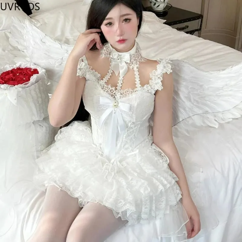Japansk viktoriansk Sweet Lolita Klänning Kvinnor Harajuku Y2k Rosett Spets Halter Hals Kvällsfest Miniklänningar Kawaii Svart Röd Deess