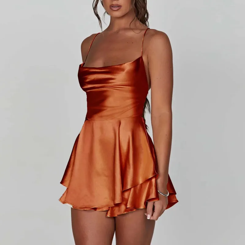 Satin Seide Frauen Sexy Cami Playsuits Kleid Solide Wasserfallausschnitt Ärmellose Kurze Overalls Sommer Kreuz Tie-Up Backless Strampler — image 10