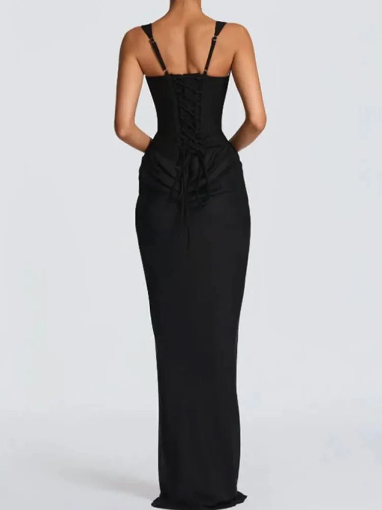 Women Pleated Sleeveless Maxi Dress Summer Solid Slim Fit Square Neck Corset Style Dresses Flady Fashion Evening Party Gowns — image 7
