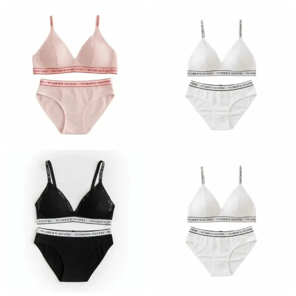 Breathable Letter Design Lingerie Set Deep V Wireless Women Underwear Suit Lace Color Blocking Bra Panties Set Girl — image 4