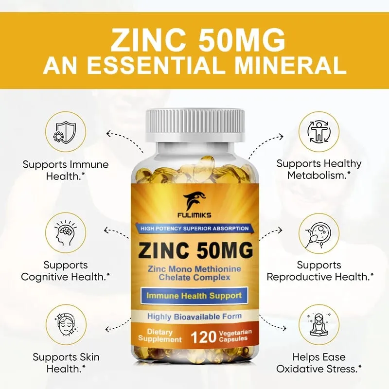 Premium Pure Zinc Capsules 50 mg Supplement High Absorption Boosts Immune Antioxidant Skin Cognitive Health