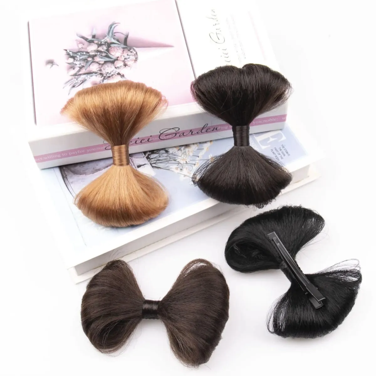 1B Black Synthetic wigs Butterfly Hair Buns 9x12cm 15g Claw Clip Ponytail Hair Pieces for Kids Easy Install Hair Accessories