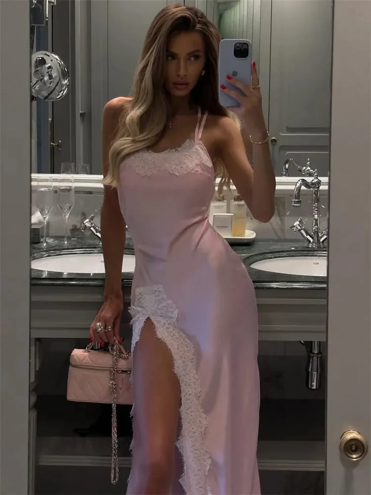 Tossy Lace Elegant Patchwork Long Dress For Women Backless Lace-Up Satin Slim Party Dress Evening Female Bandage Maxi Dress 2025 — image 3
