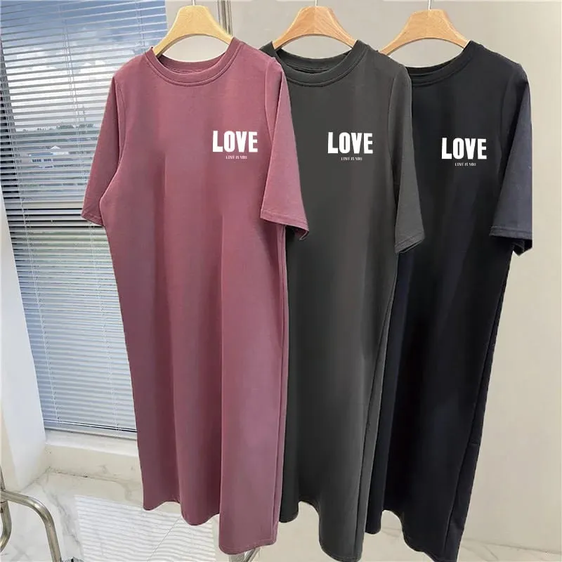 Women Plus Size LOVE Print Casual Maxi Dress Side Split Short Sleeve O-neck Loose T-shirt Dress — image 2