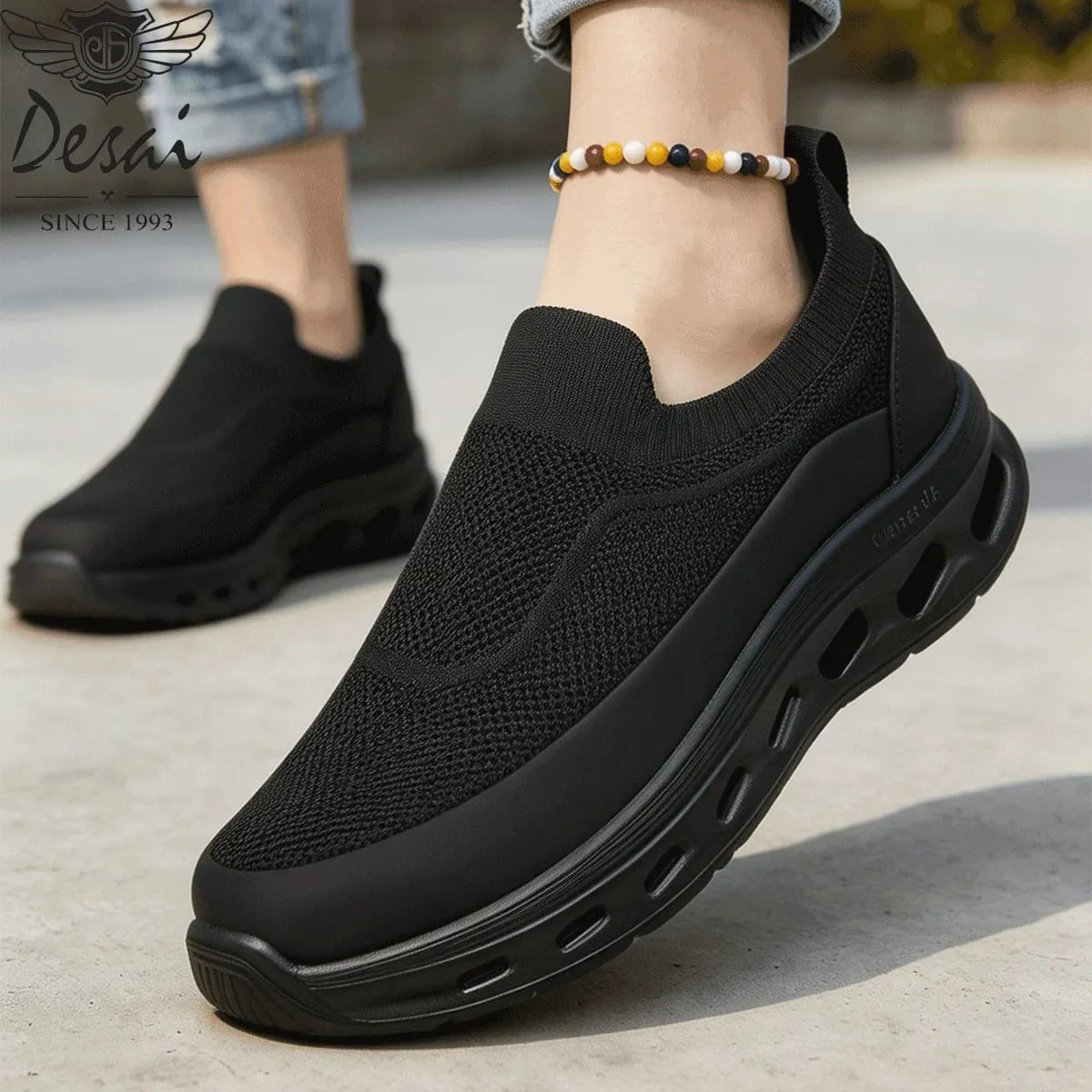 Desai Herren-Sneaker zum Hineinschlüpfen mit gestrickten Socken und breiter Breite, hohle Sohle, atmungsaktiv, leicht, Wanderschuhe, tägliches Pendeln im Freien