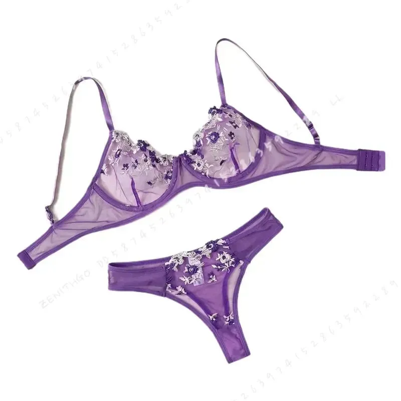 Purple Fancy Lingerie Set Women Embroidered Flower Bra and Panty Underwear Female Outfits — image 2