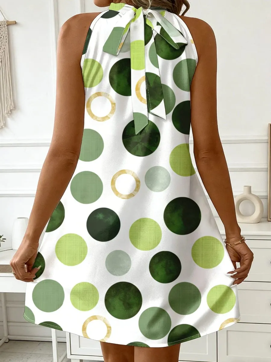 Women Sleeveless Halter Dress Back Bow Tie Polka Dot Print Loose Fit Mini Dress Summer Beach Casual Short Dresses