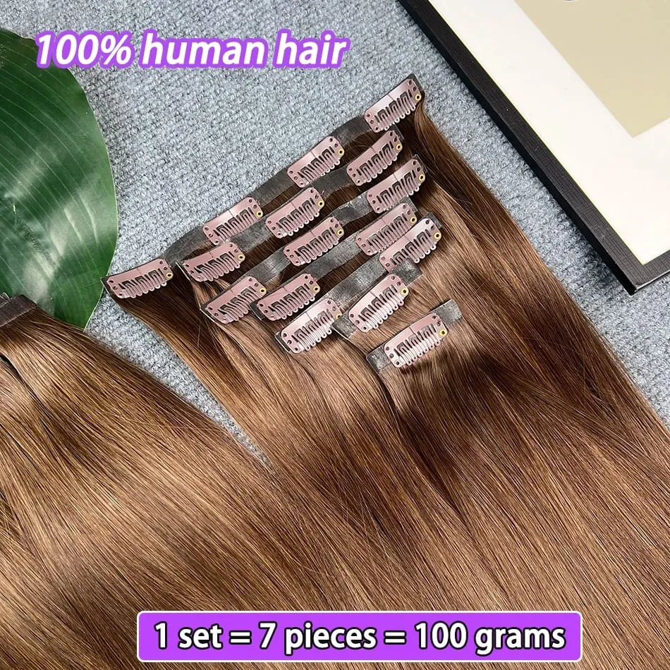 #2 Color Straight PU Clip Ins Hair Extensions 100% Human Hair 100g/Set 7pcs Seamless Invisible PU Weft Vietnam Hair For Women