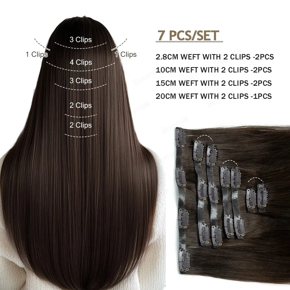 Invisible Thick PU Clip in Hair Extensions Real Human Hair Straight Remy Hair Clip in Hair Extensions 7pcs for Women Daily Use — image 3