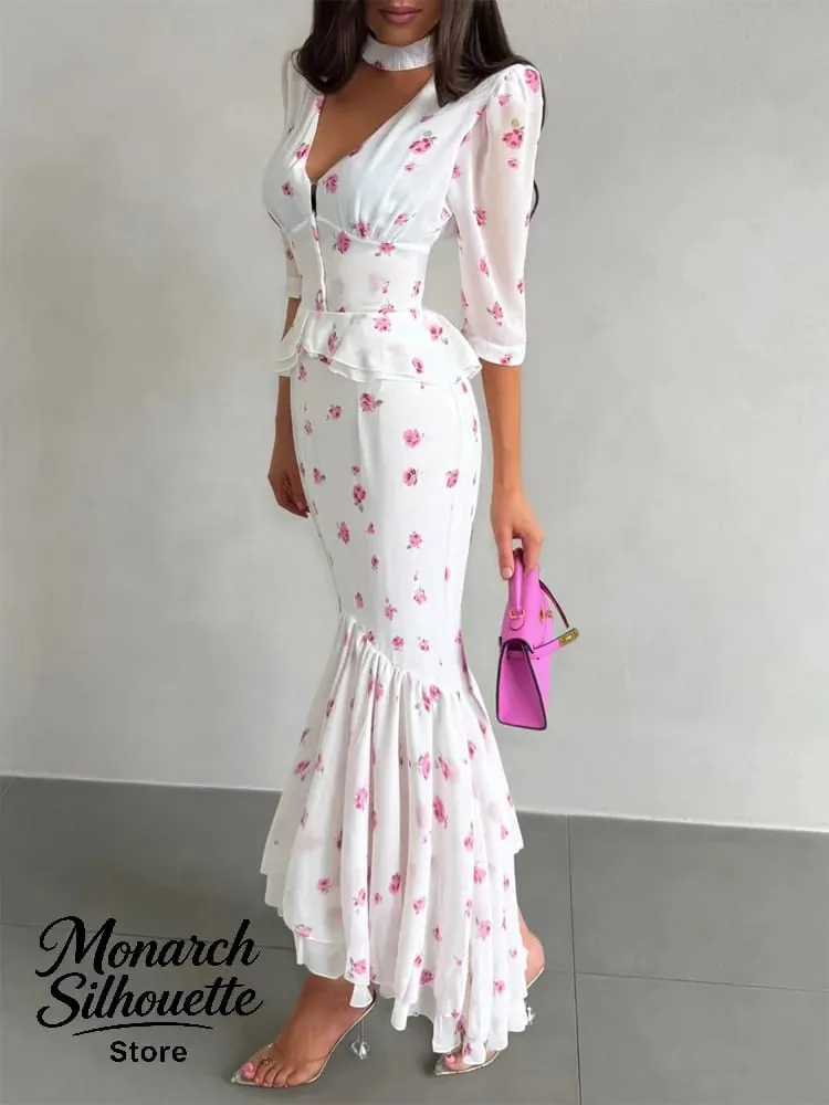 White Pink Floral Choker Neck Dress Women Elegant V-neck 3/4 Sleeves Peplum Ruffle Hem Long Dresses 2026 Lady Daily Vestidos New